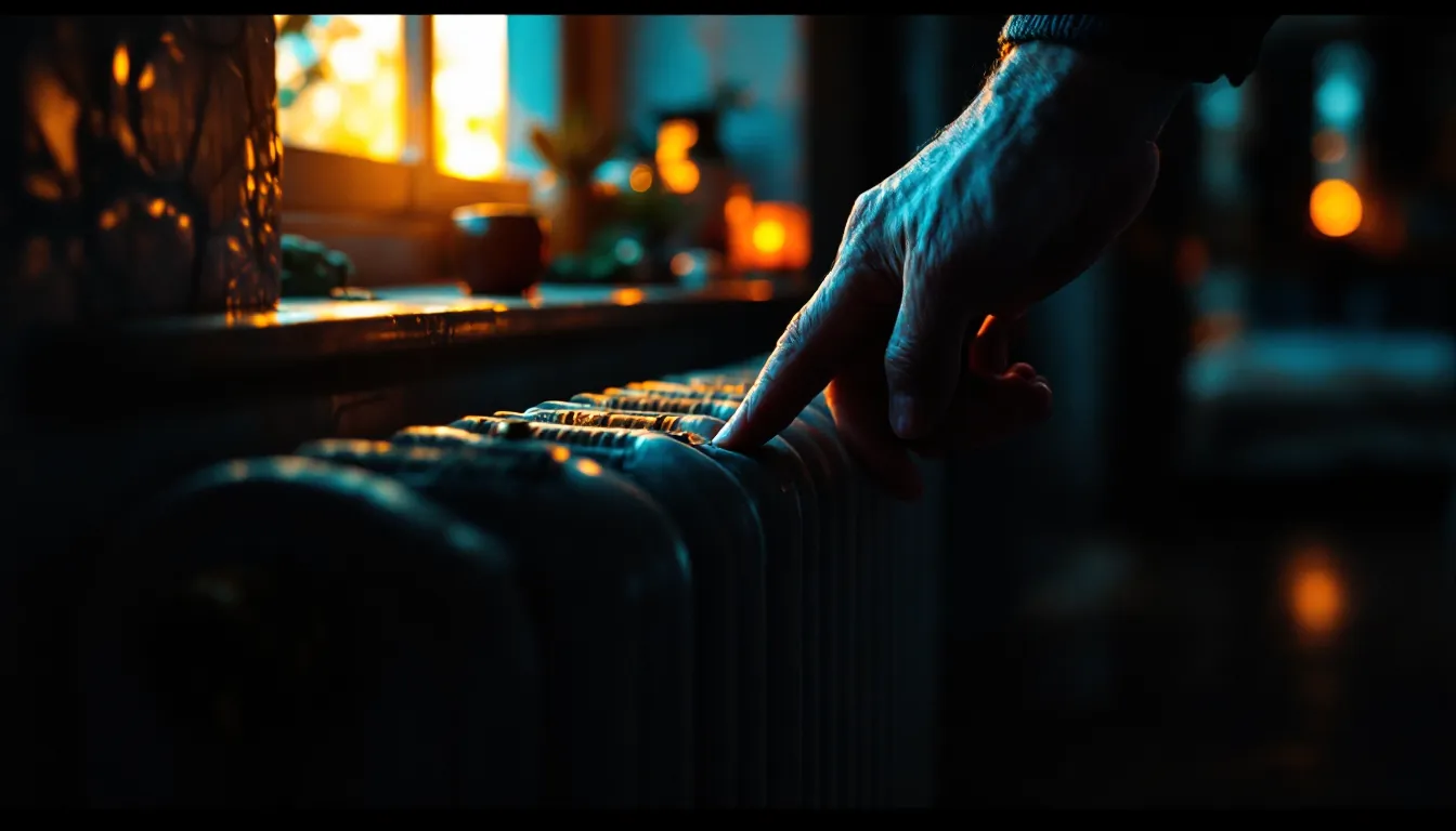Vintage radiator with hand on thermostat in warm light, illustrative depiction of heating tips category