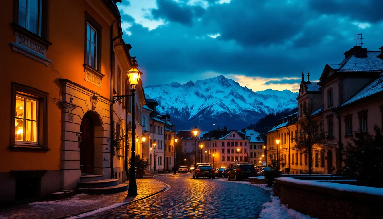 Österreichische Stadtstraße in der Dämmerung mit Habsburg-Häusern und Alpenpanorama, illustrative Darstellung der Energiekosten in Österreich