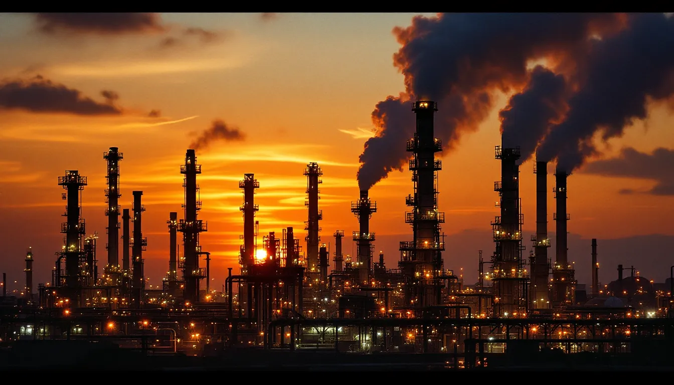 Refinery cracking towers at twilight, symbol image for the crack spread between crude oil and fuels