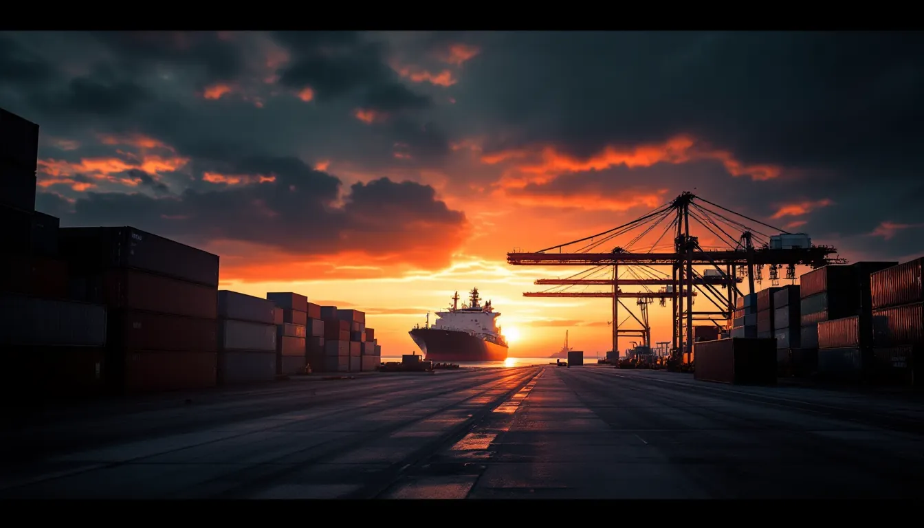 Container-Hafen im Abendlicht, illustrative Darstellung von Öl-Embargos