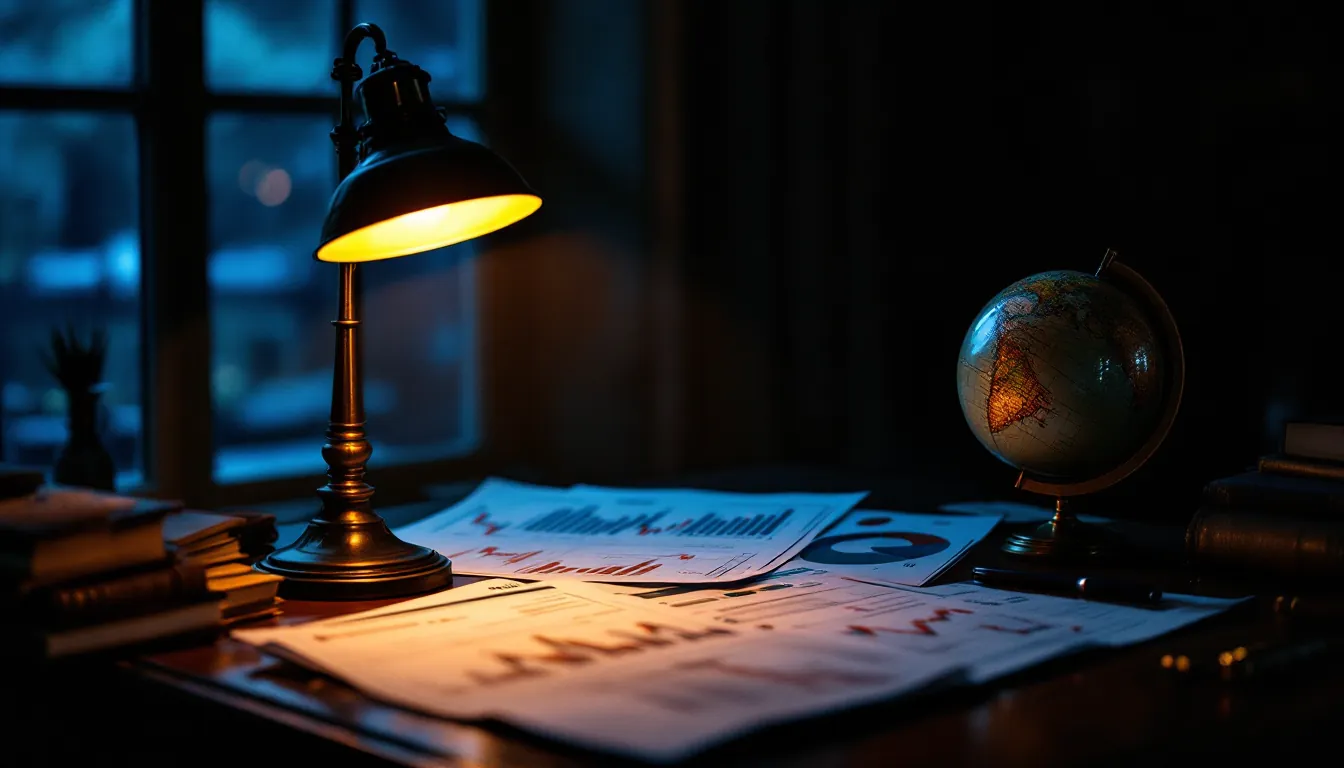 Bureau d'étude avec rapports énergétiques et globe vintage, illustration du lexique pétrolier