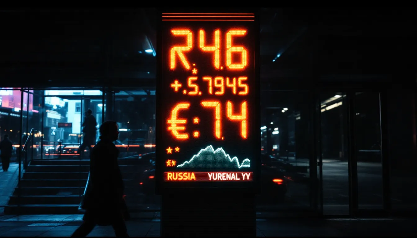 Currency exchange board with RUB/CNY rates, illustrative depiction of rouble-yuan linkage in oil trade