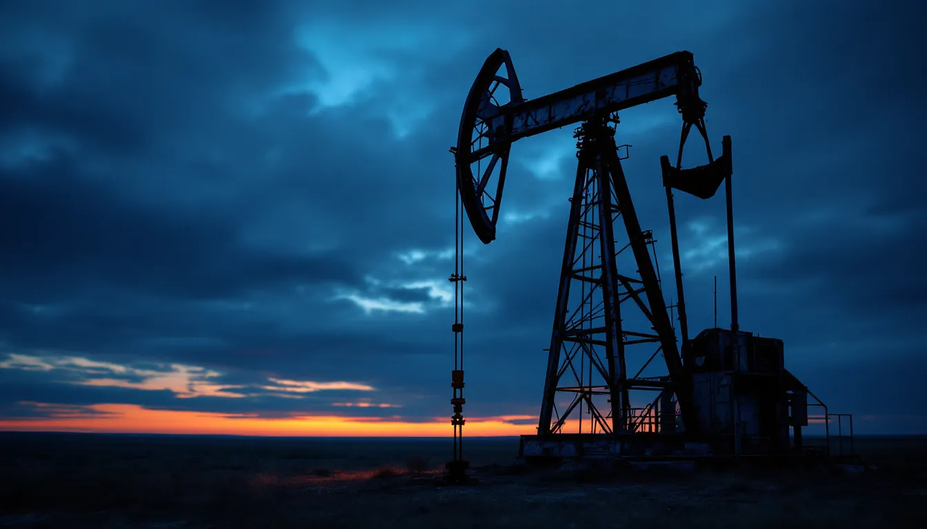 Abandoned oil derrick at dusk, illustrative depiction of peak oil