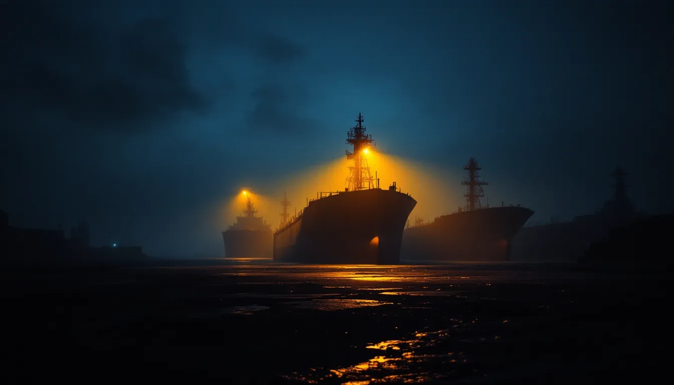 A gas tanker loading terminal at dusk, illustrating how a force majeure declaration on an LNG contract can ripple into household energy bills.