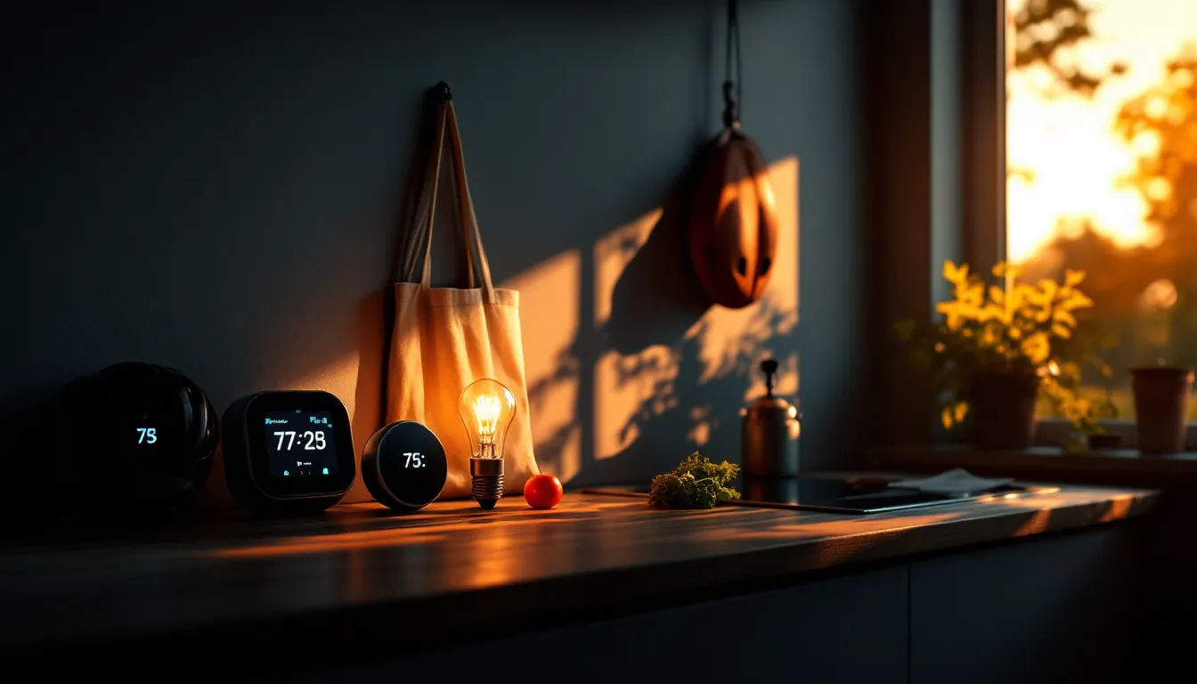 Kitchen counter with energy-saving objects in morning light, illustrative depiction of tips overview